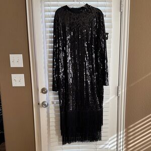 Amazon Black Sequin Long Sleeve with 3 Tier Fringe Dress